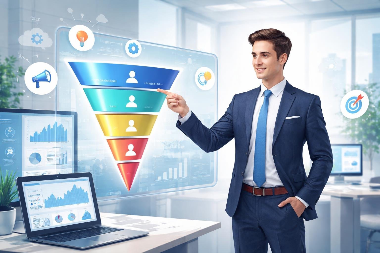 A business professional interacting with a digital sales funnel interface in a modern office setting.