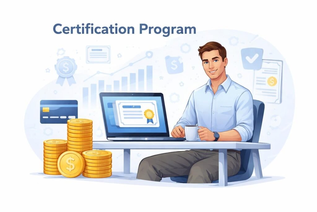 A business professional sitting at a desk with a laptop, surrounded by symbols of money and certificates representing the cost of an online certification program.