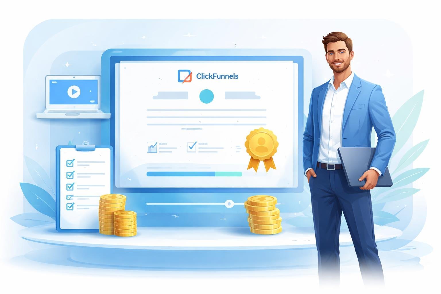 A business professional standing beside a large digital certificate with icons representing online learning, cost, and progress.