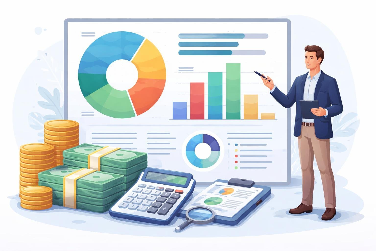 An illustration showing a business professional explaining charts and financial elements representing a detailed cost breakdown.