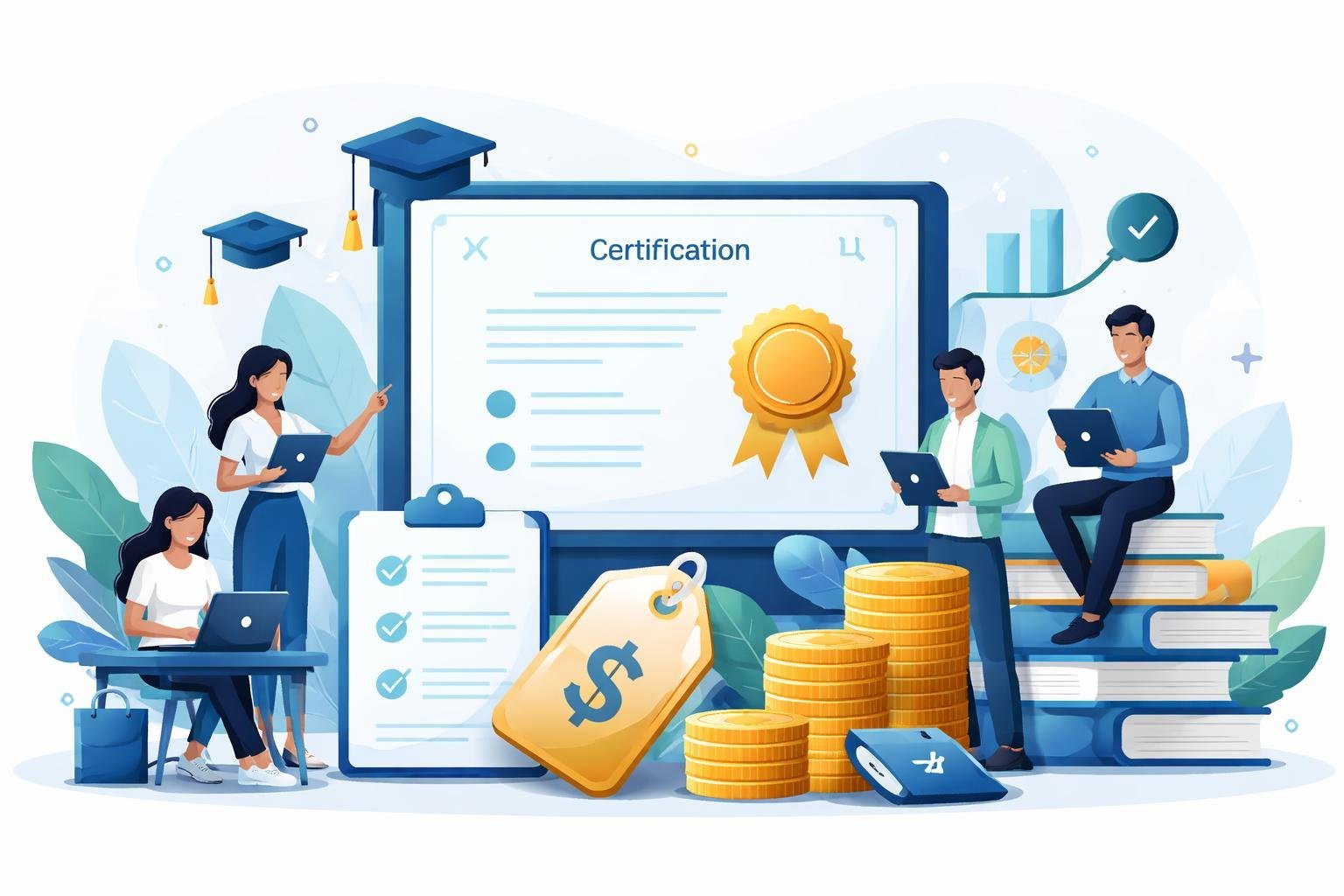 A group of people learning together with symbols of certification, pricing, and progress in a clean, professional setting.