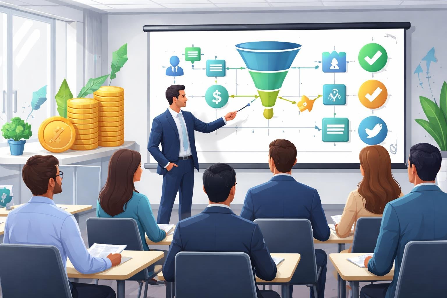 A group of professionals in an office setting looking at a large screen showing funnel diagrams and charts, discussing certification plan options.