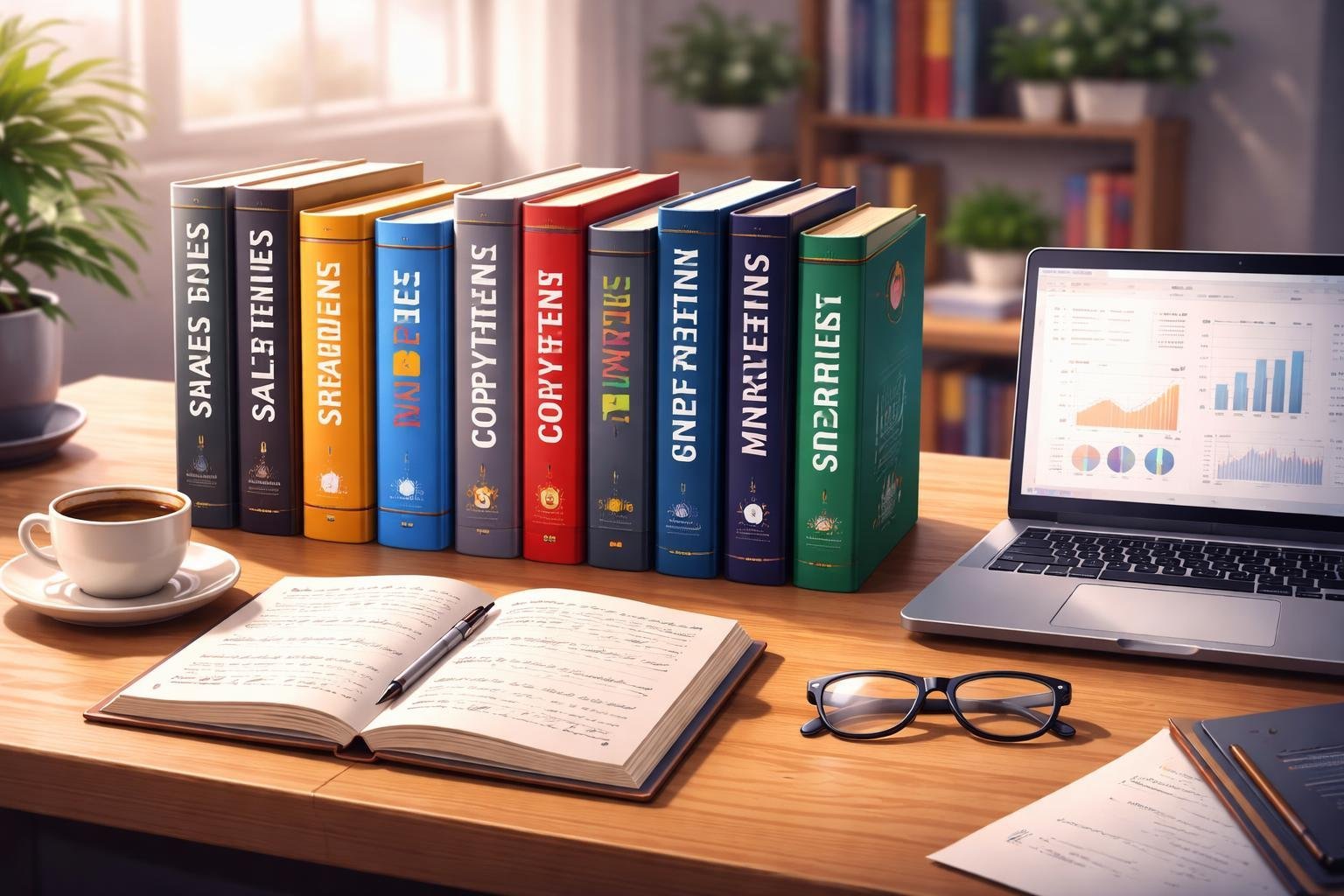 A desk with books, an open notebook, a laptop, a cup of coffee, and reading glasses in a bright office setting.