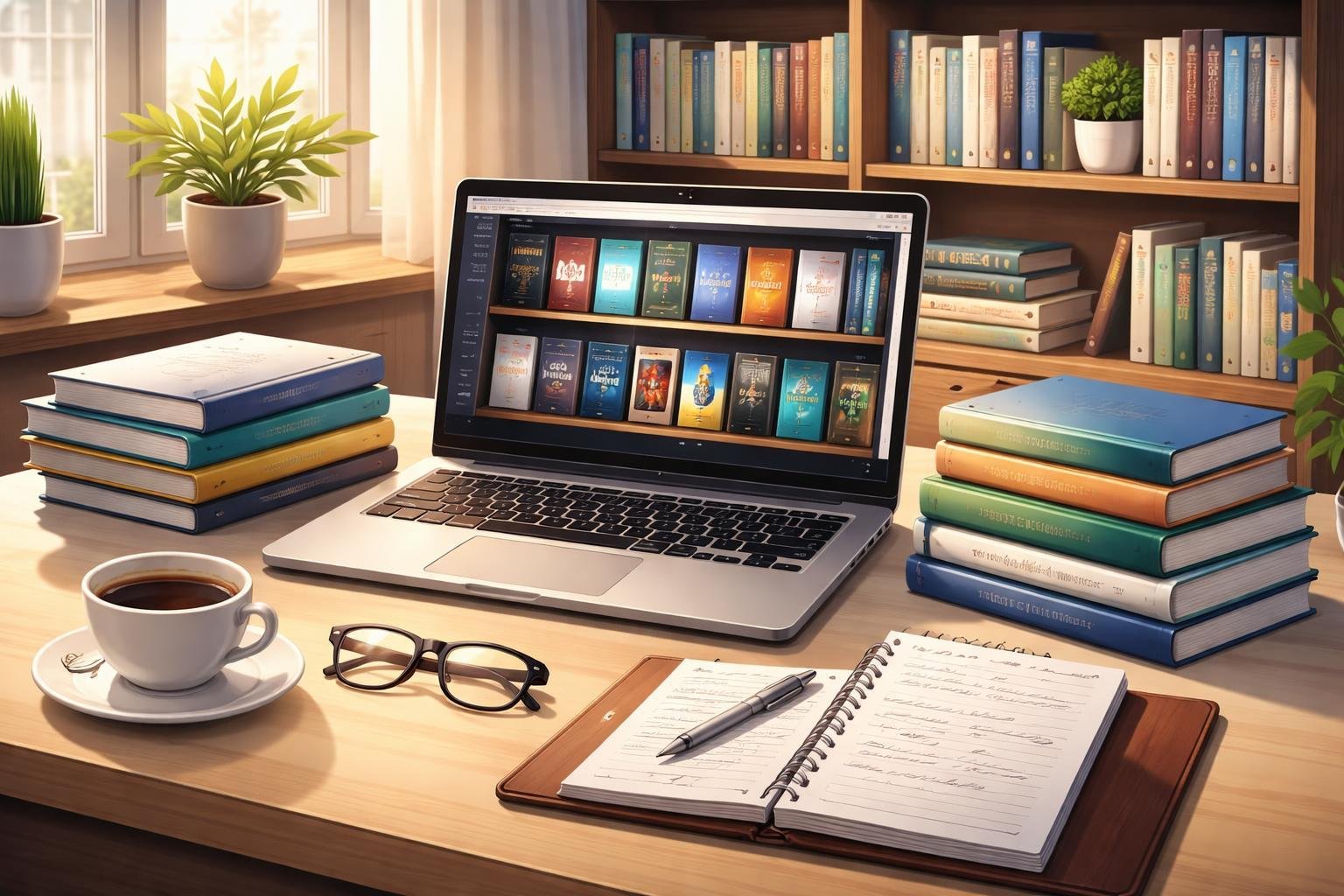 A workspace with a laptop showing a digital bookshelf, stacks of business books, a coffee cup, glasses, and a notepad on a desk, with a bookshelf and plant in the background.