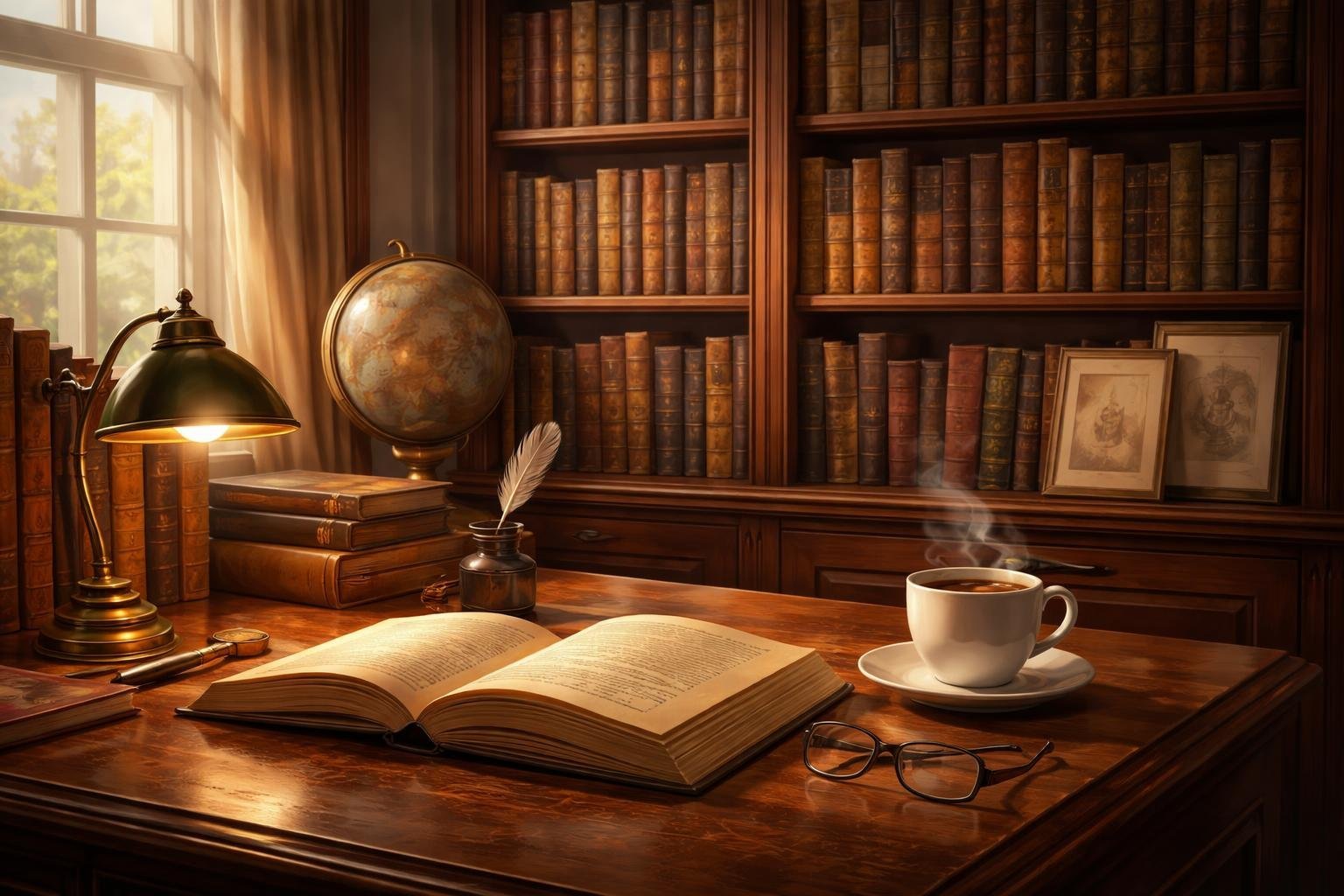 A cozy study room with a wooden bookshelf filled with classic books, a desk with an open book, coffee cup, and reading glasses, illuminated by natural light from a window.