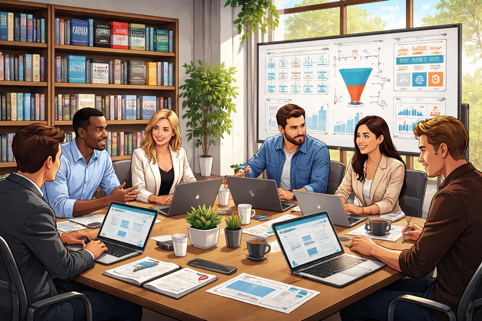 A group of business professionals collaborating around a table with laptops and notebooks in a modern office filled with books and digital charts.