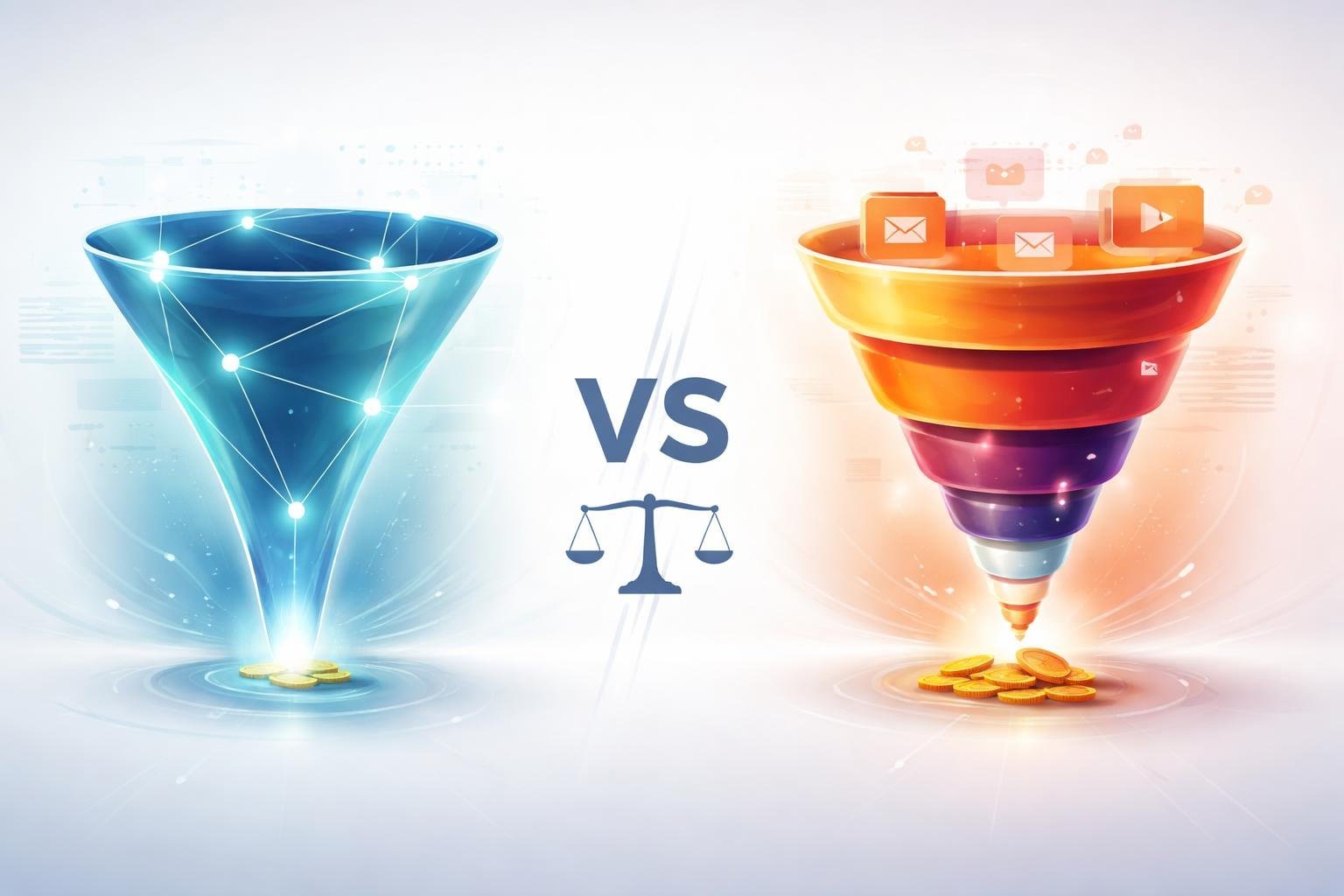 A digital illustration showing two different marketing funnels side by side, one smooth and blue-green, the other layered and orange-red, with a symbol between them indicating comparison.