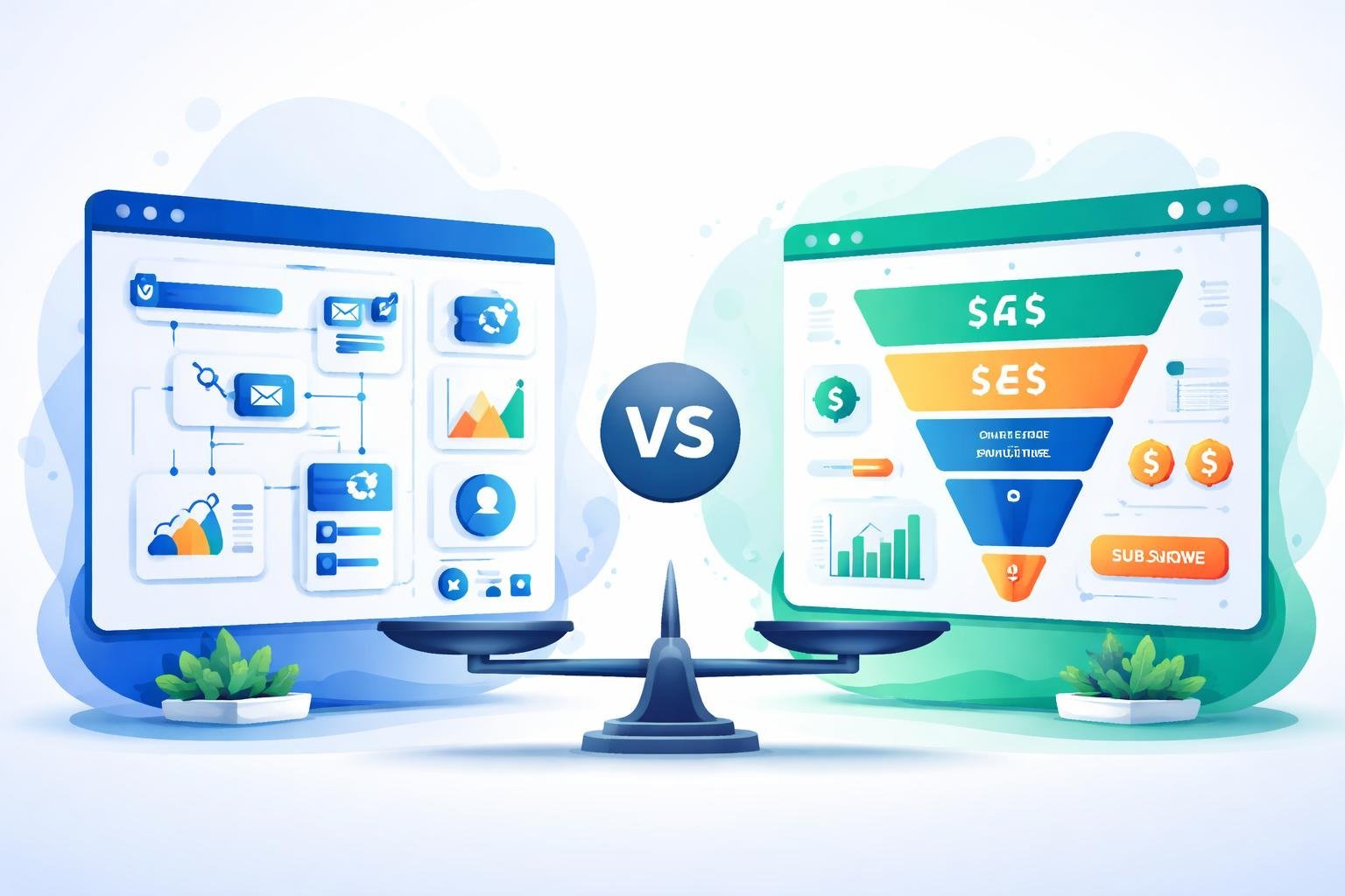 An illustration showing a comparison between two digital marketing platforms, with one side displaying email automation and engagement icons, and the other side showing sales funnel stages and conversion metrics.