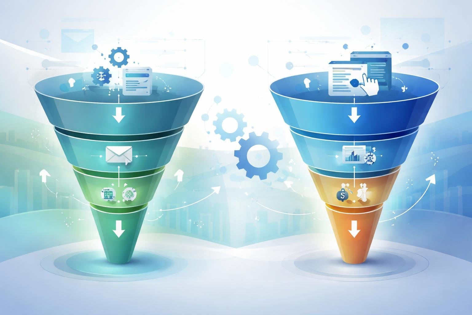 Two side-by-side digital marketing funnels representing Autofunnel and ClickFunnels, each with icons showing different features and arrows indicating the flow through sales stages.