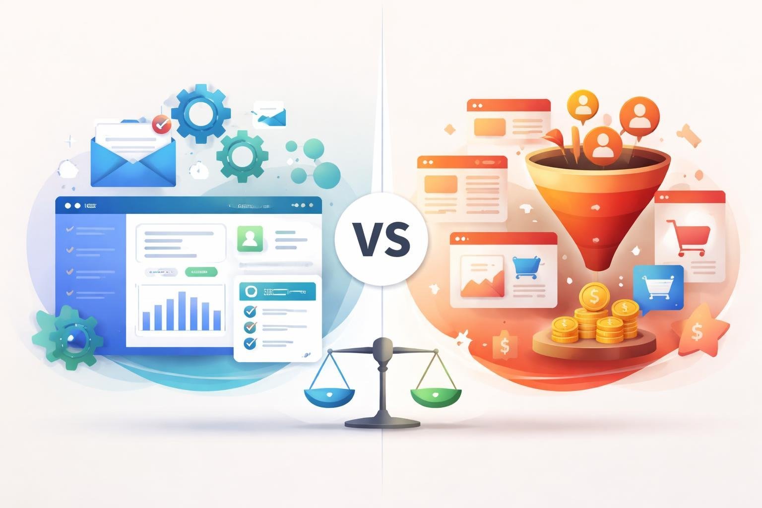 An illustration showing a side-by-side comparison of two marketing platforms with symbols of email automation and CRM on one side and sales funnels and landing pages on the other.