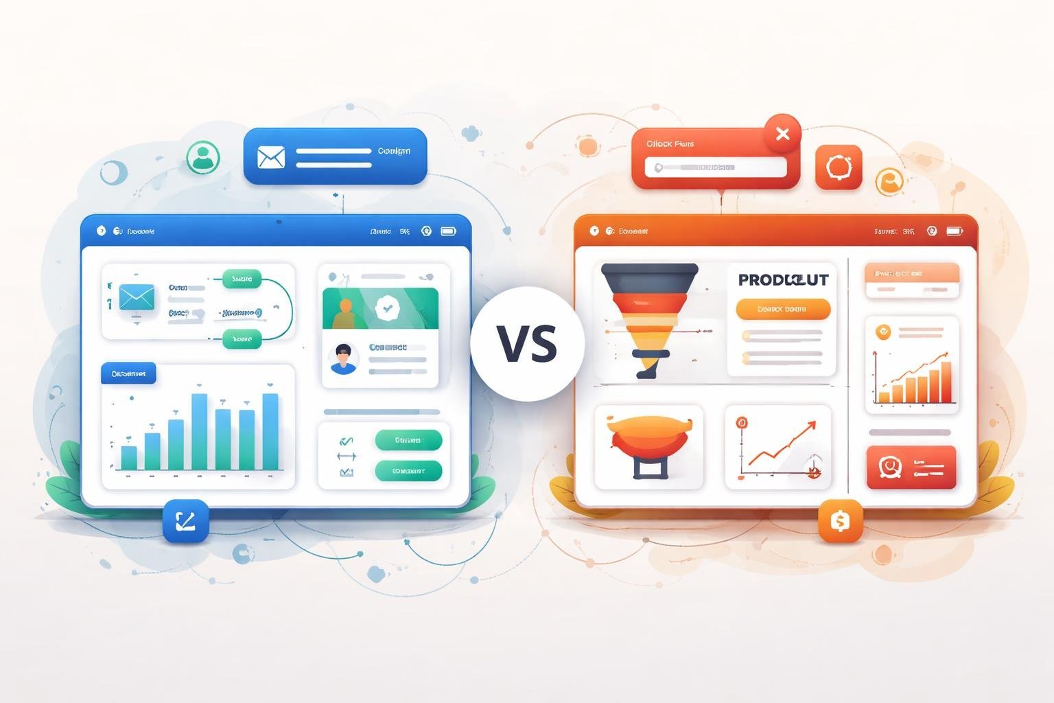 Side-by-side illustration of two software dashboards comparing features of ActiveCampaign and ClickFunnels with icons representing email marketing and sales funnels.