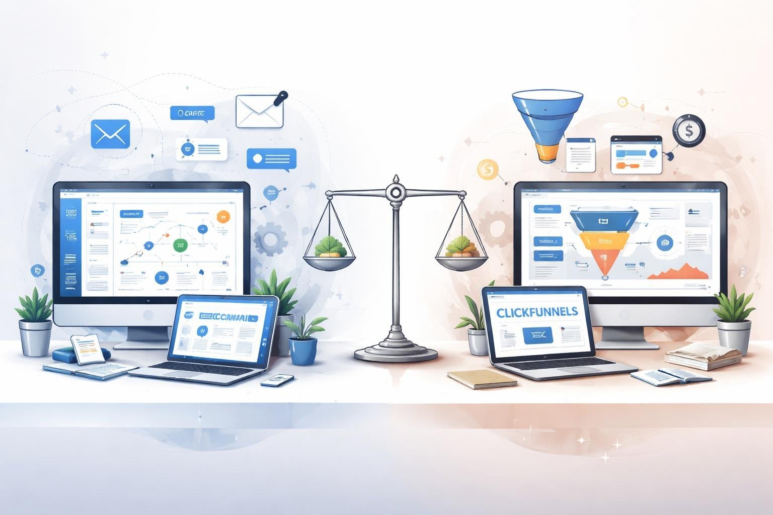 Two side-by-side workspaces showing digital marketing tools and charts representing a comparison between two platforms.