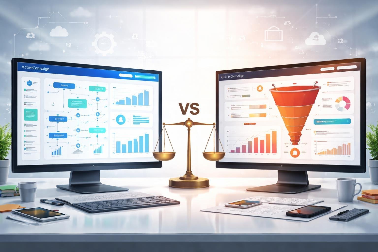 Two computer screens side by side showing marketing dashboards comparing email automation and sales funnels, with visual elements representing digital marketing tools.