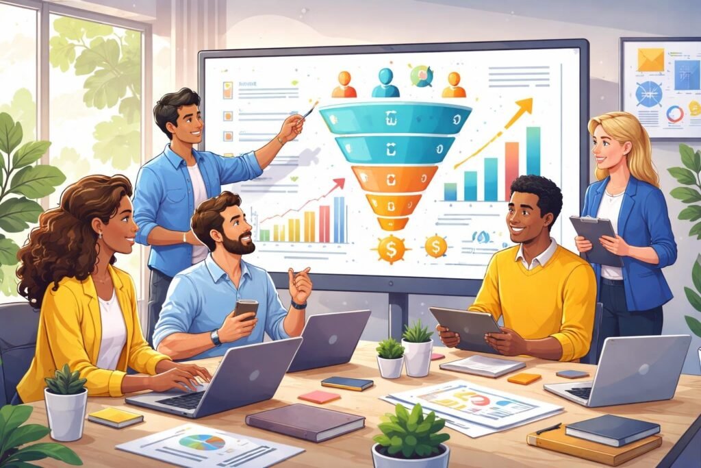 A group of professionals collaborating around a digital screen with flowcharts and graphs in a modern office setting.