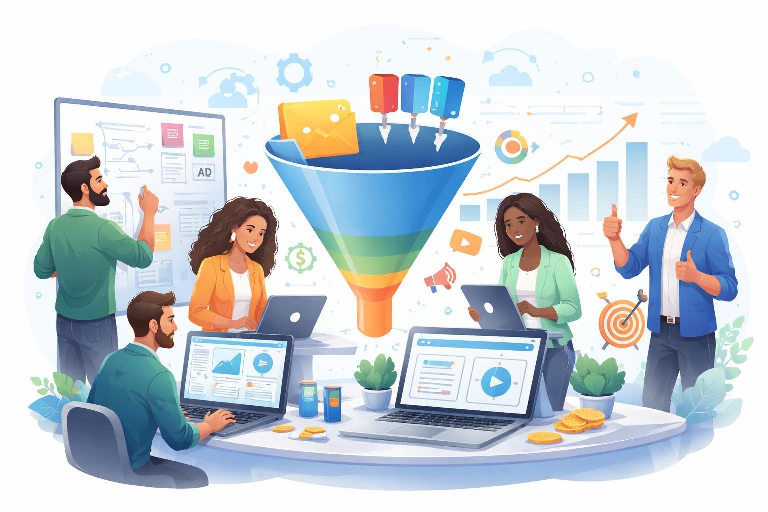 Five people working together on different stages of an online marketing funnel, showing teamwork and progress over five days.