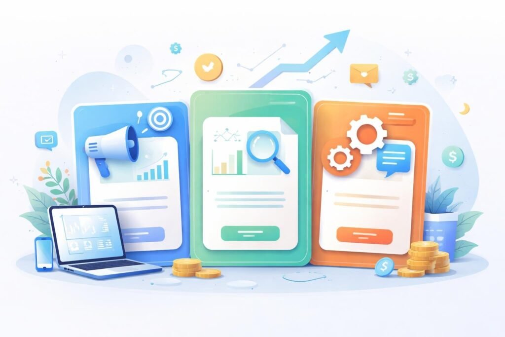 Illustration showing multiple colorful pricing plan cards with icons representing marketing tools, analytics, automation, and support, surrounded by charts and digital devices.
