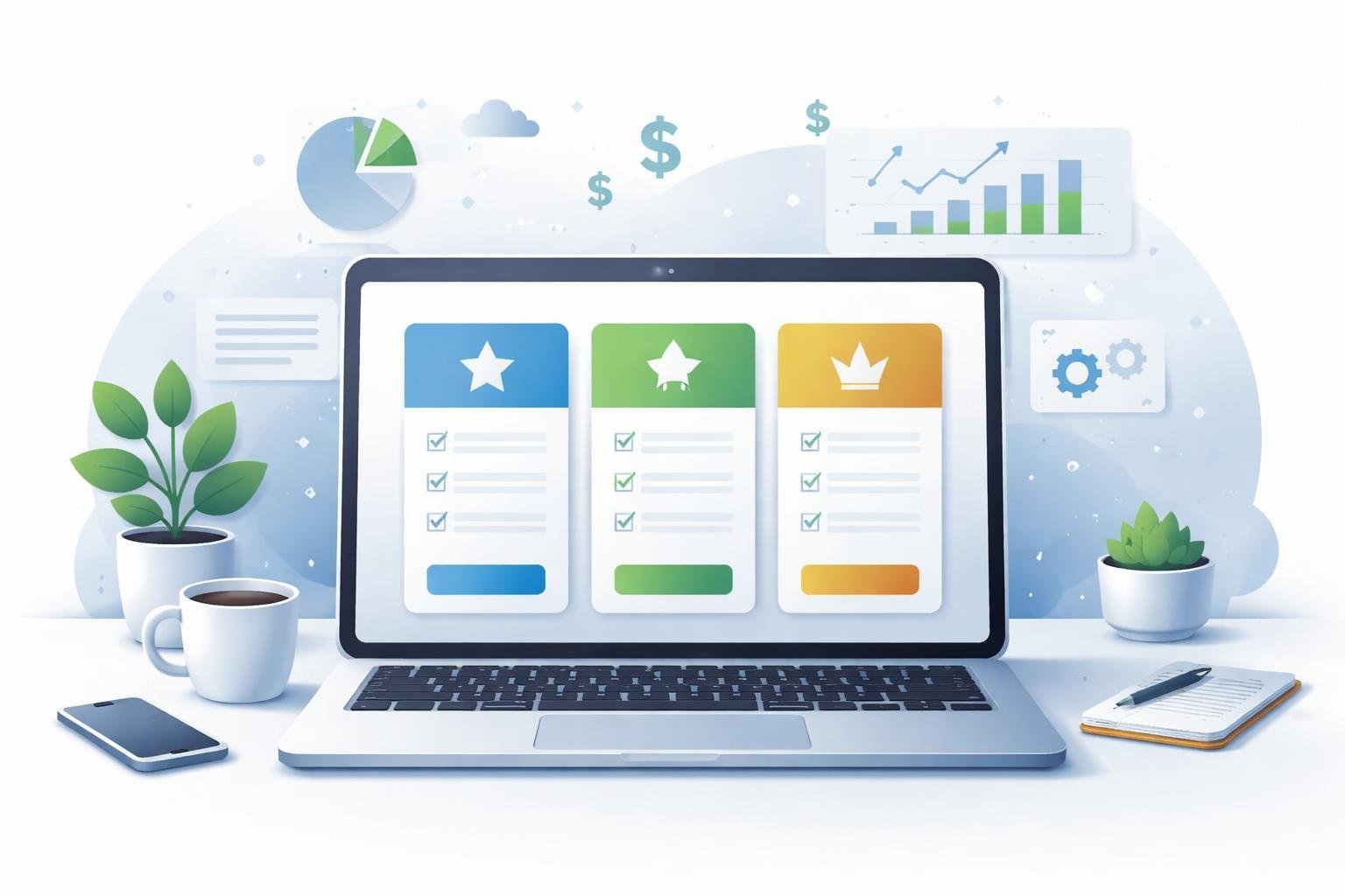 A digital workspace showing a laptop with tiered pricing cards and financial icons representing different pricing plans.