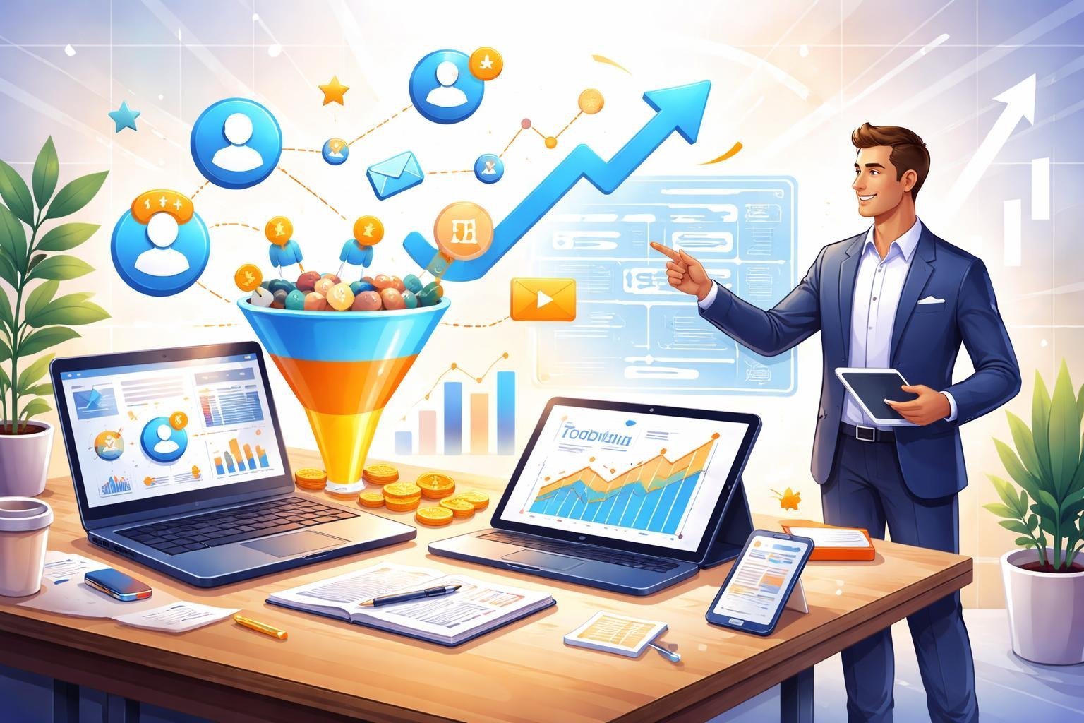 A business professional working at a desk with digital devices displaying charts, graphs, and marketing icons representing lead generation.