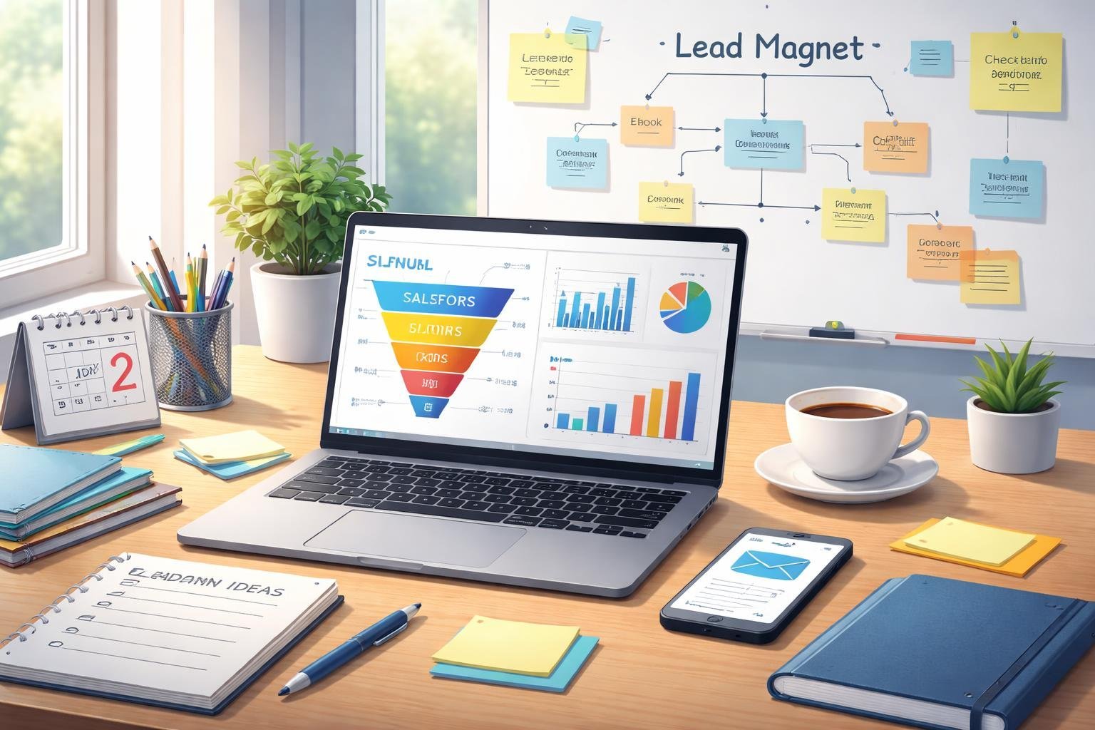 A workspace with a laptop, notebooks, sticky notes, and a whiteboard showing marketing plans for creating a lead magnet.