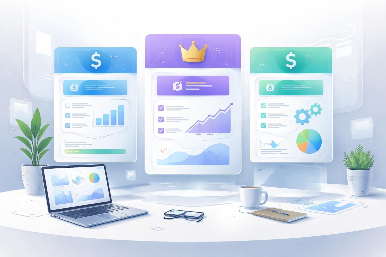 A workspace with floating panels showing abstract charts and price comparisons representing different pricing plans.