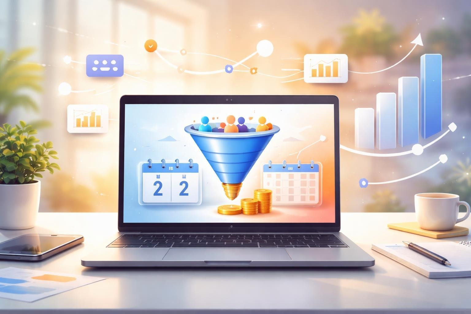 A modern workspace with a laptop displaying a digital marketing interface, surrounded by icons representing growth, progress, and a two-month trial period.