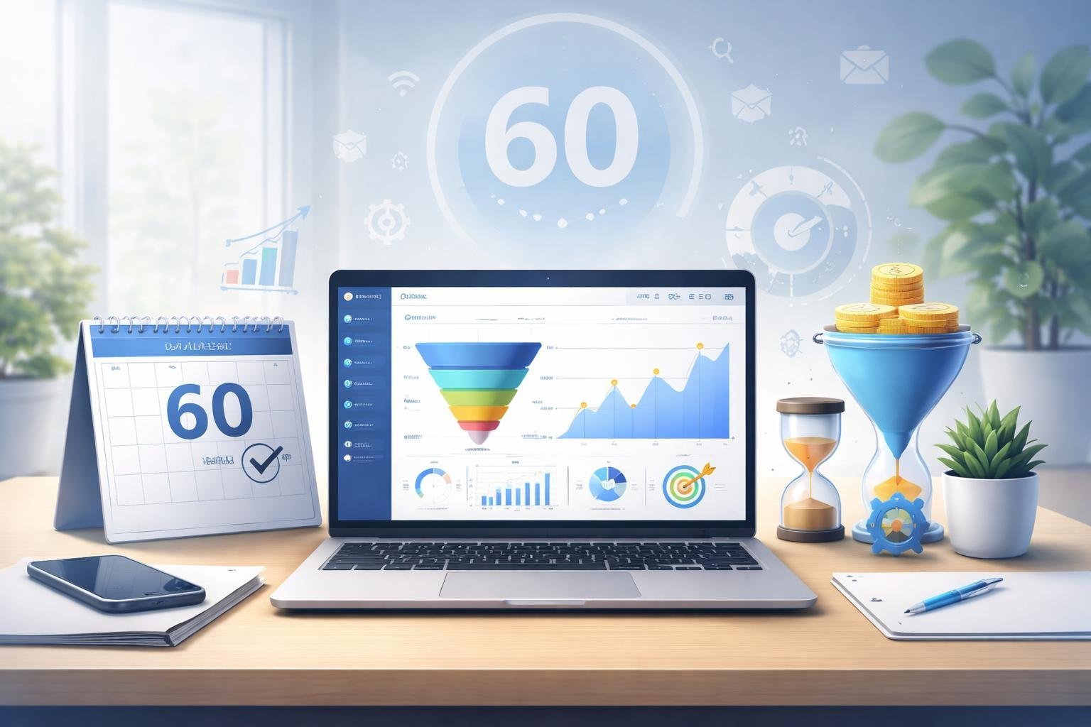 A workspace with a laptop showing marketing charts, a calendar marked for 60 days, and icons representing online sales funnels and trial periods.