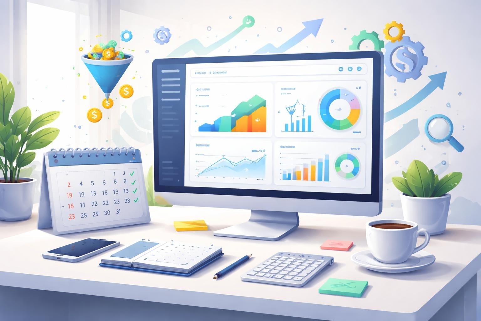 A modern workspace with a computer showing a dashboard and a calendar highlighting a 30-day period, surrounded by icons representing marketing and progress.