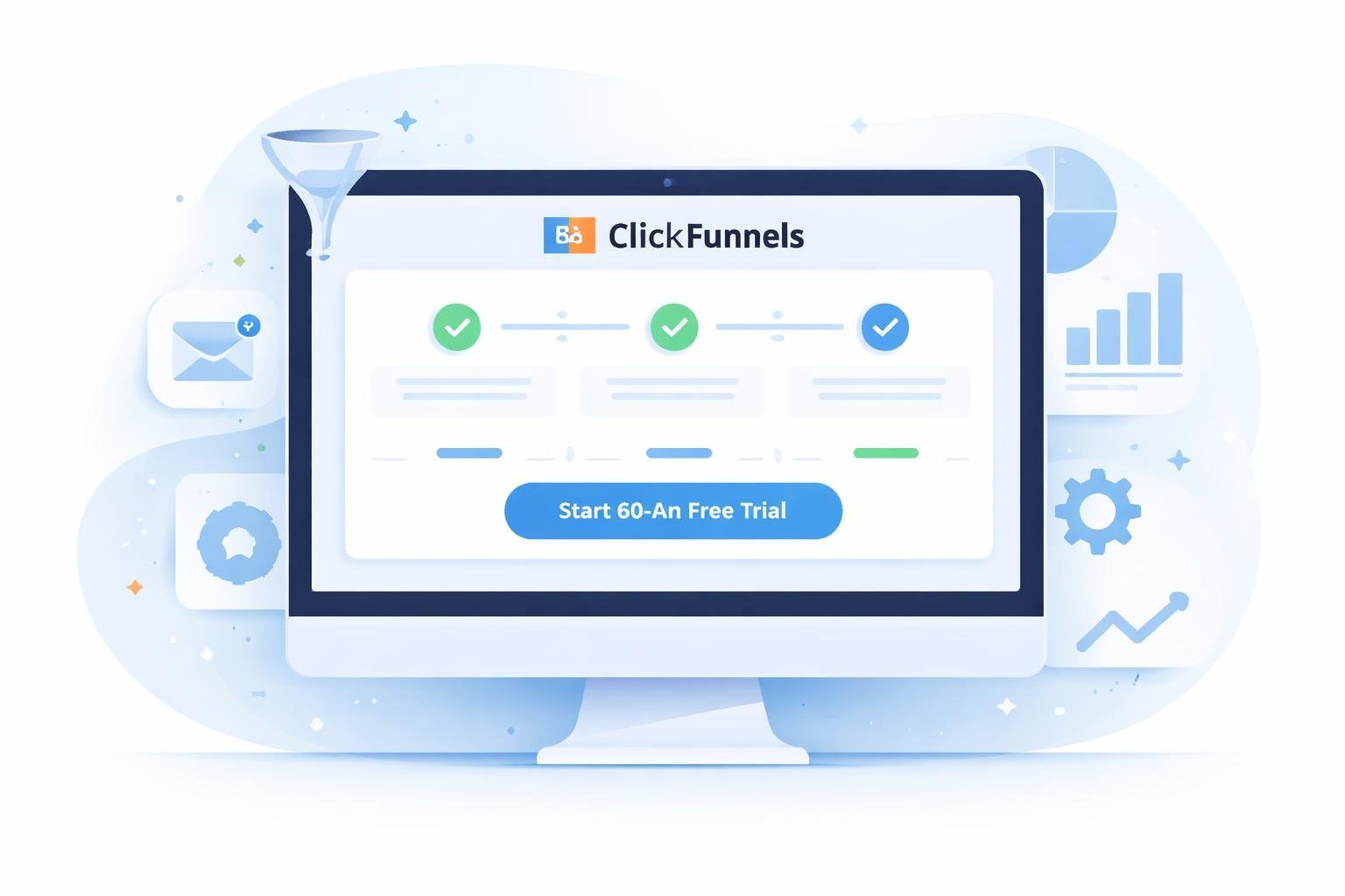A person using a computer with a clear web interface showing steps of an online trial signup, surrounded by icons of marketing funnels and charts.