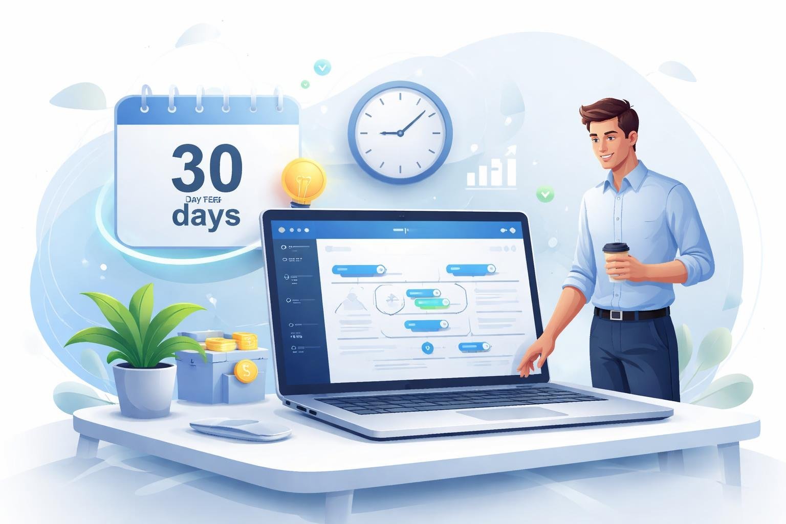A person working on a laptop showing a funnel-building dashboard, with a calendar highlighting 30 days and a clock nearby, representing a 30-day free trial concept.