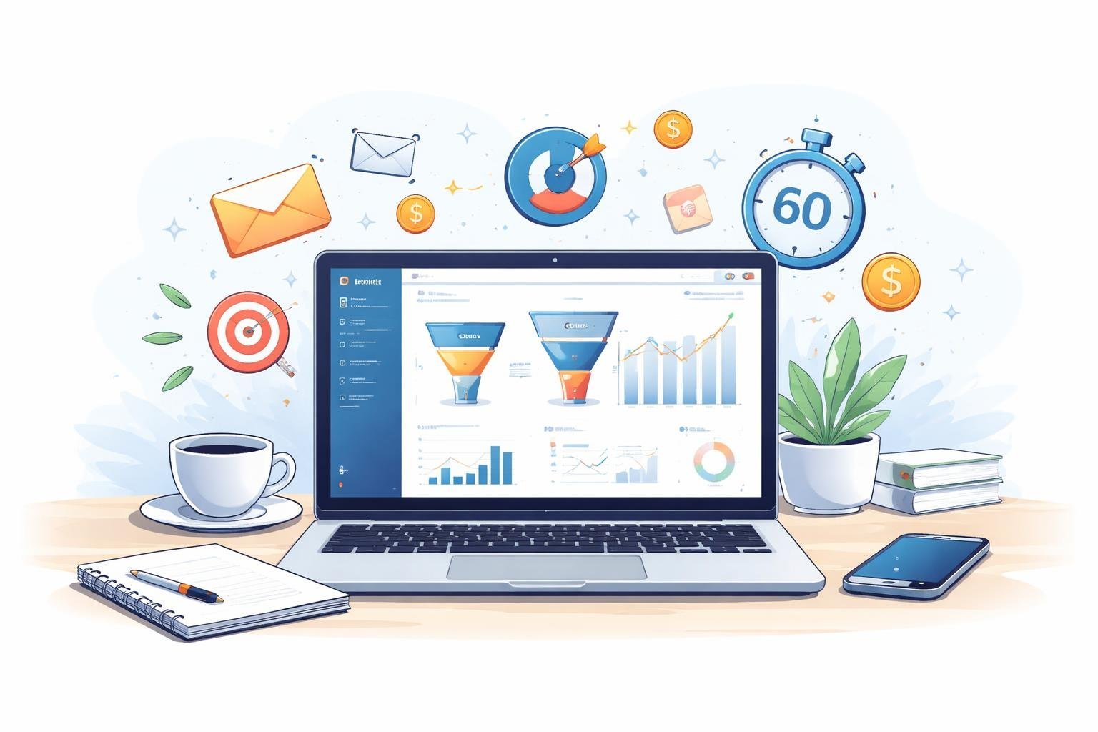 A workspace with a laptop showing marketing charts and funnel icons, surrounded by symbols of email, money, and a timer, representing a free trial offer.