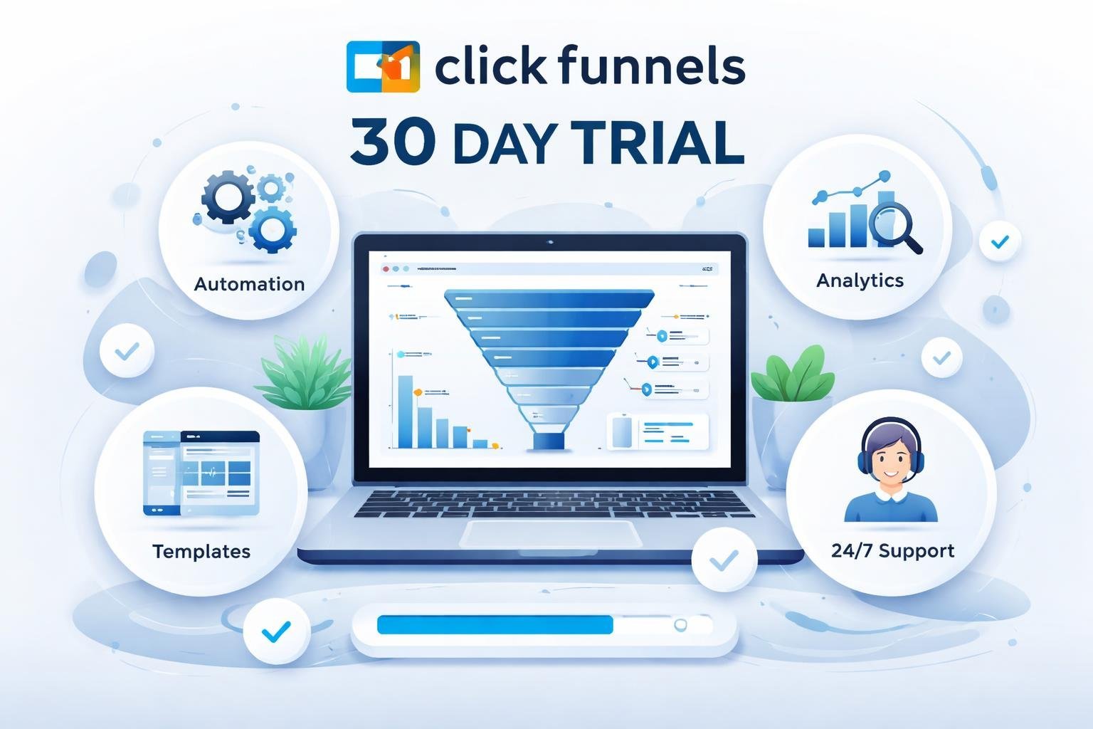 A digital workspace with a laptop showing a funnel diagram and icons representing features like automation, analytics, templates, and support.