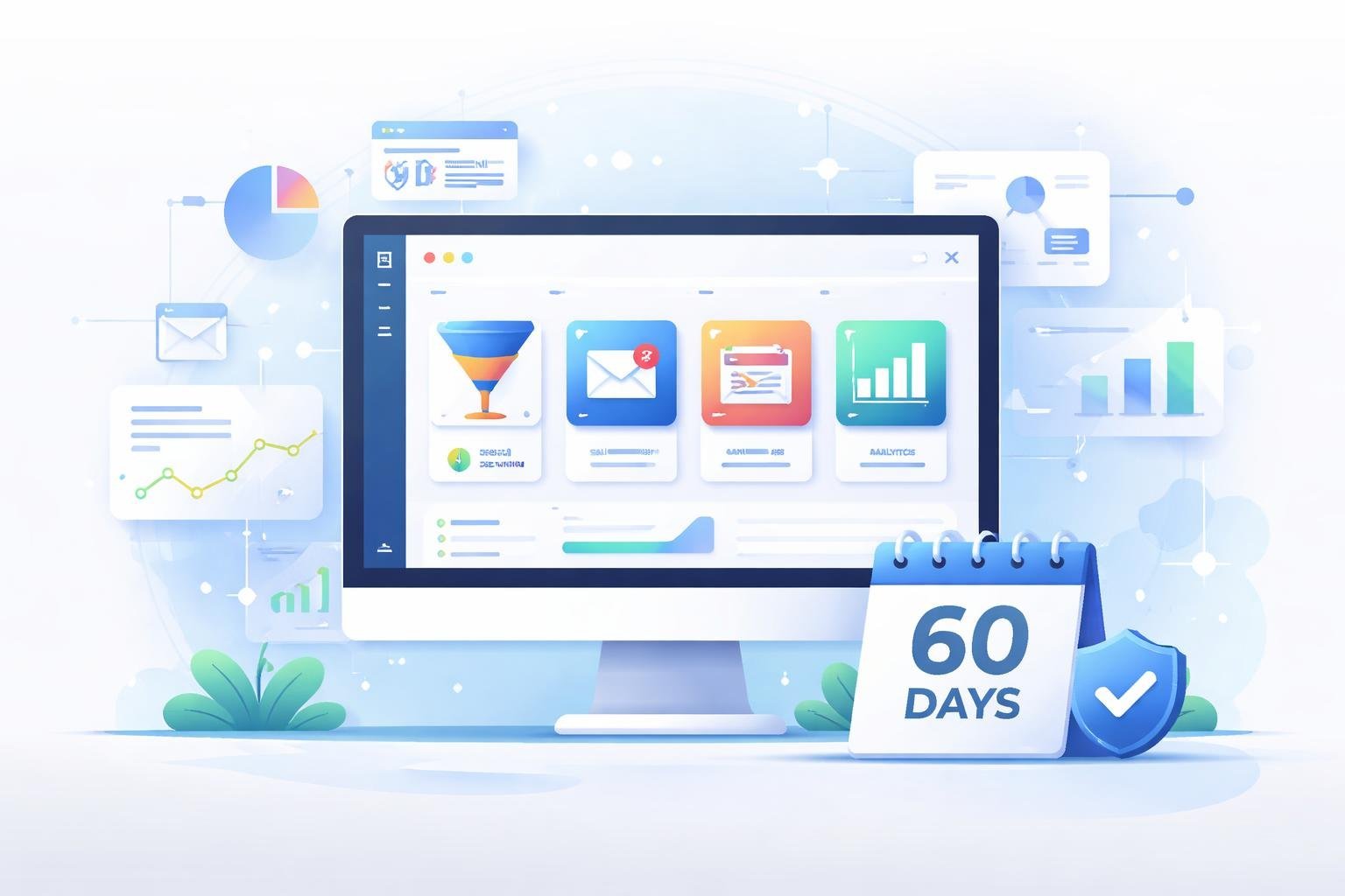 A computer monitor displaying colorful icons and charts representing sales funnels, email marketing, landing pages, and analytics, with abstract graphs and a calendar highlighting a 60-day period.