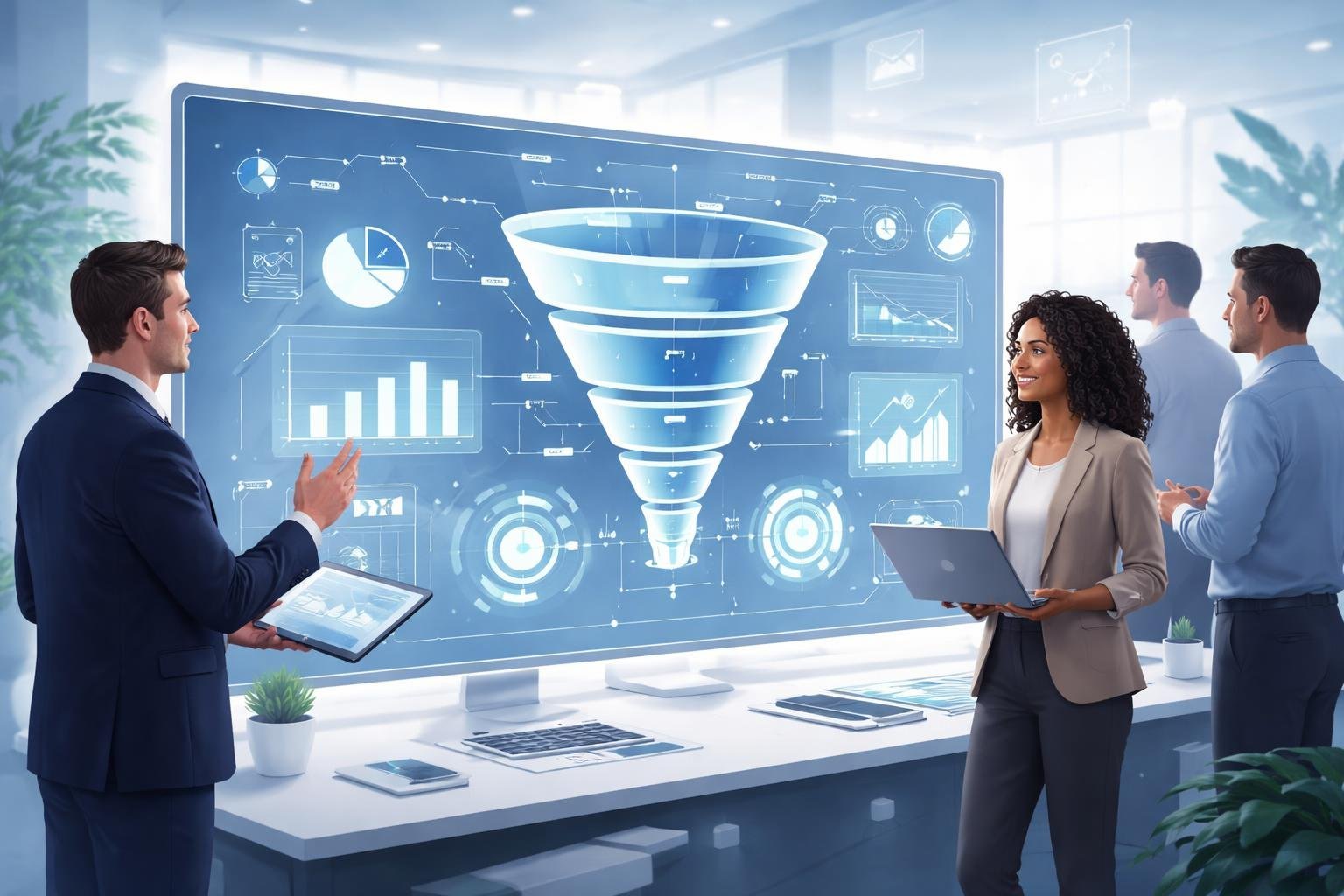 A group of professionals collaborating around a transparent touchscreen displaying funnel diagrams and charts in a modern workspace.
