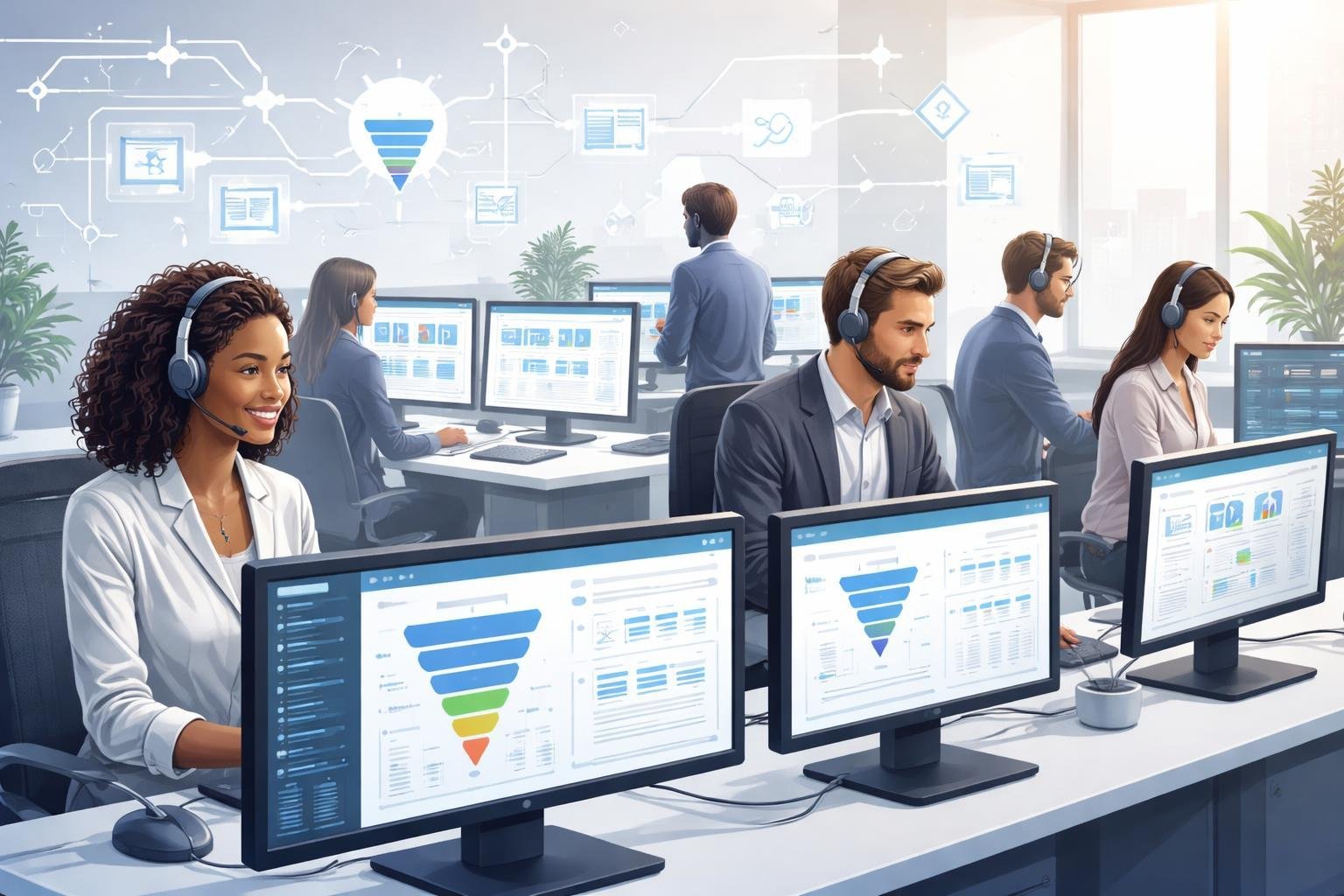 A team of support agents working at computers in a modern office with digital screens displaying charts and flowcharts.