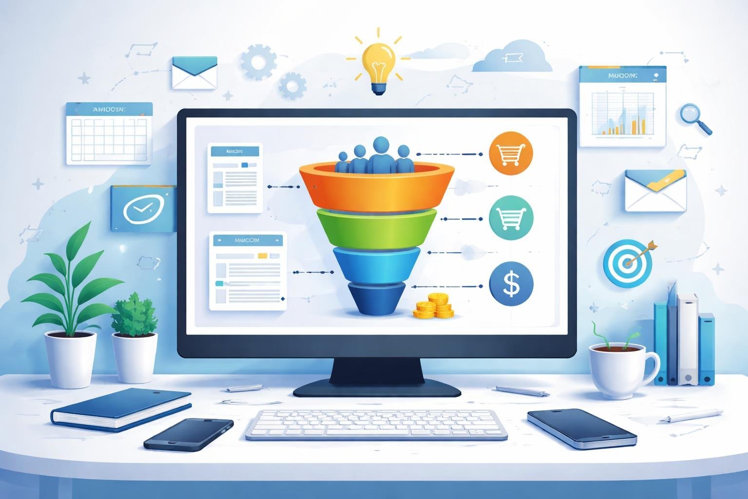 A digital workspace showing a computer with colorful funnel graphics and marketing icons representing sales funnels and landing pages.