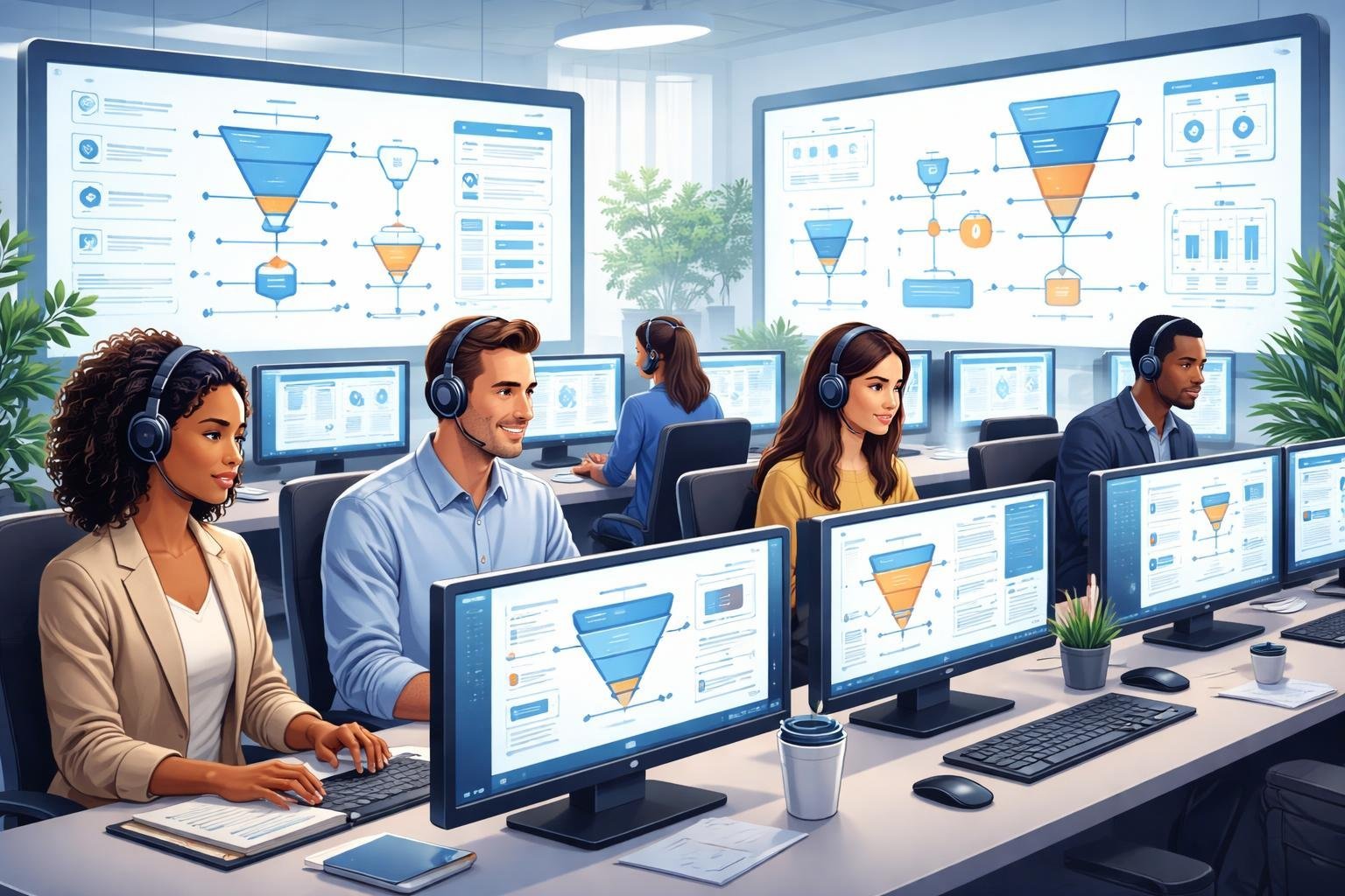 A team of support agents working at desks with computers and digital screens showing marketing funnel diagrams in a modern office.