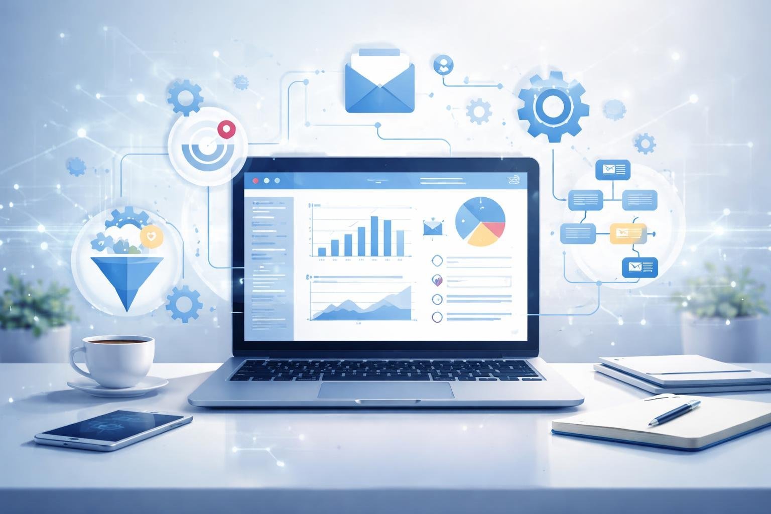 A digital workspace with a laptop showing graphs and email icons surrounded by automation symbols like gears and flowcharts, representing email marketing and automation.