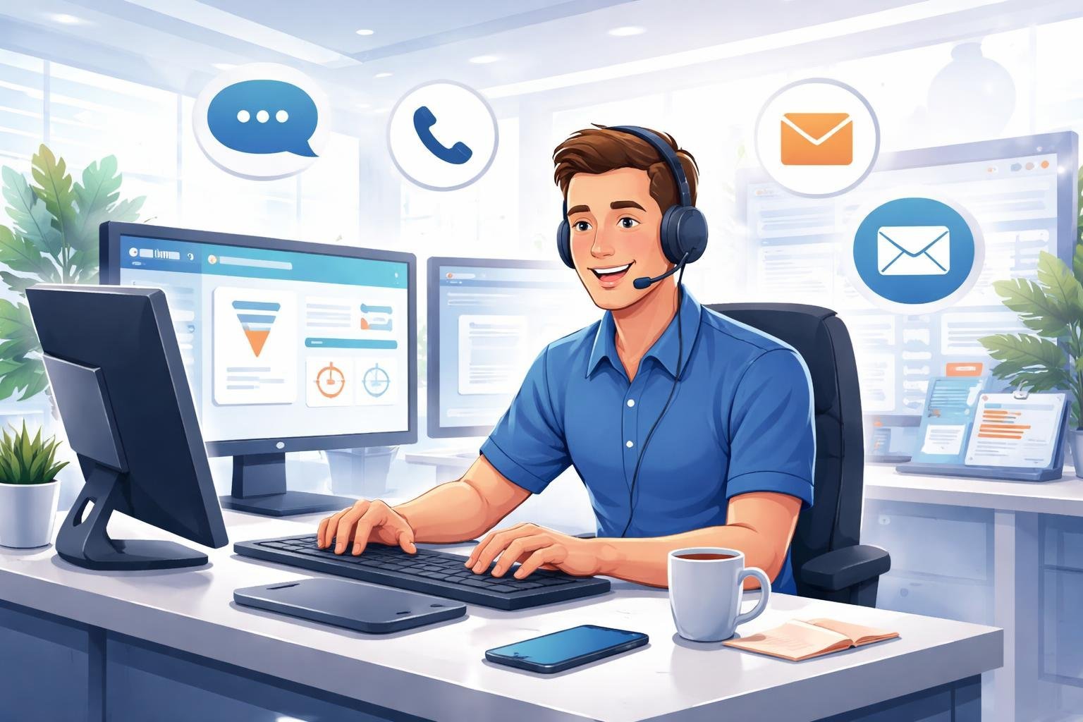 A customer support agent wearing a headset at a desk with multiple screens and communication icons around them.