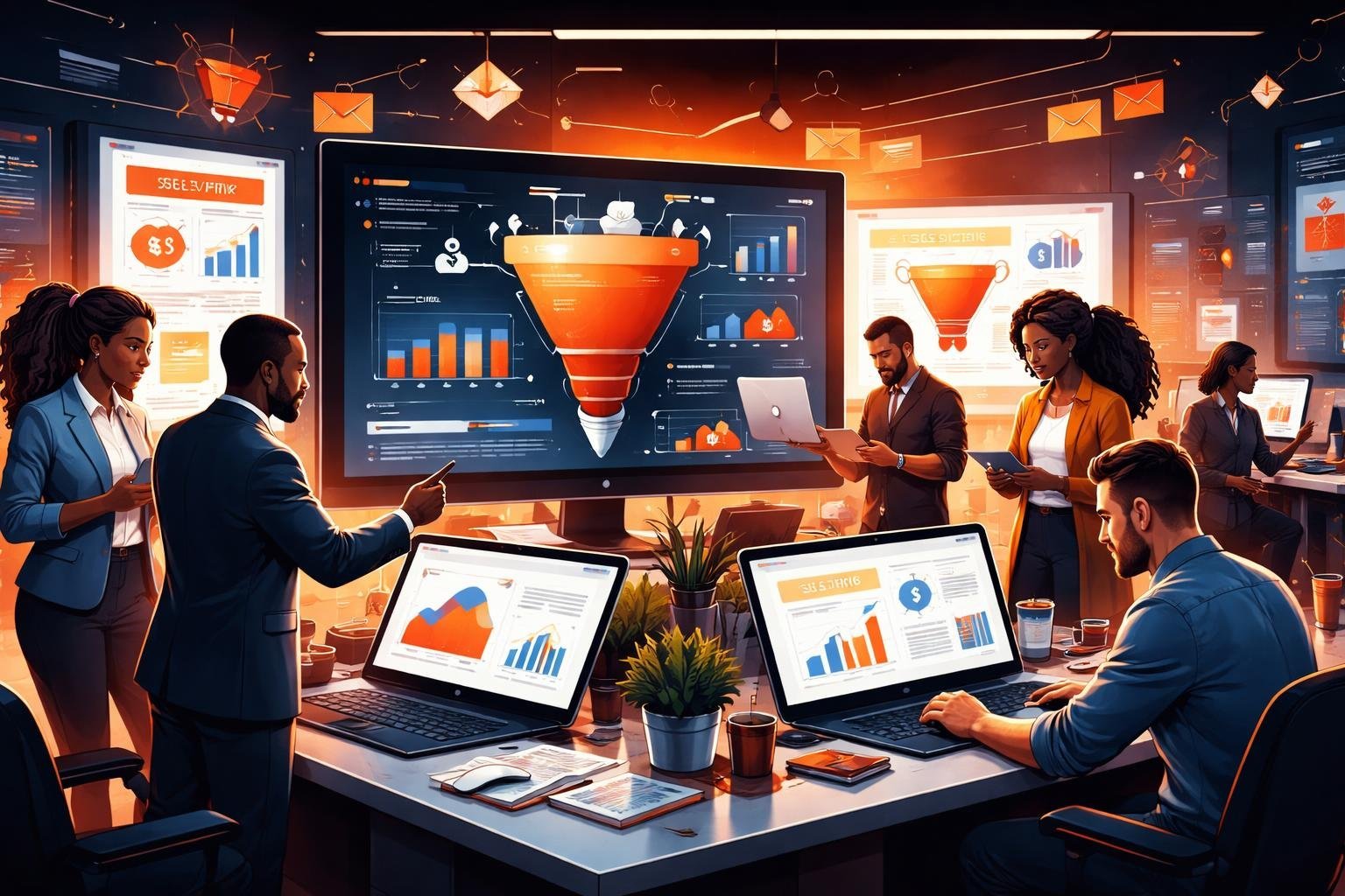 A busy office scene with professionals working on computers showing sales charts and funnel diagrams during an online Black Friday sales event.