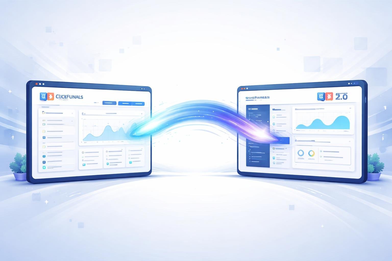 Two computer screens connected by glowing lines representing the integration of two software accounts.
