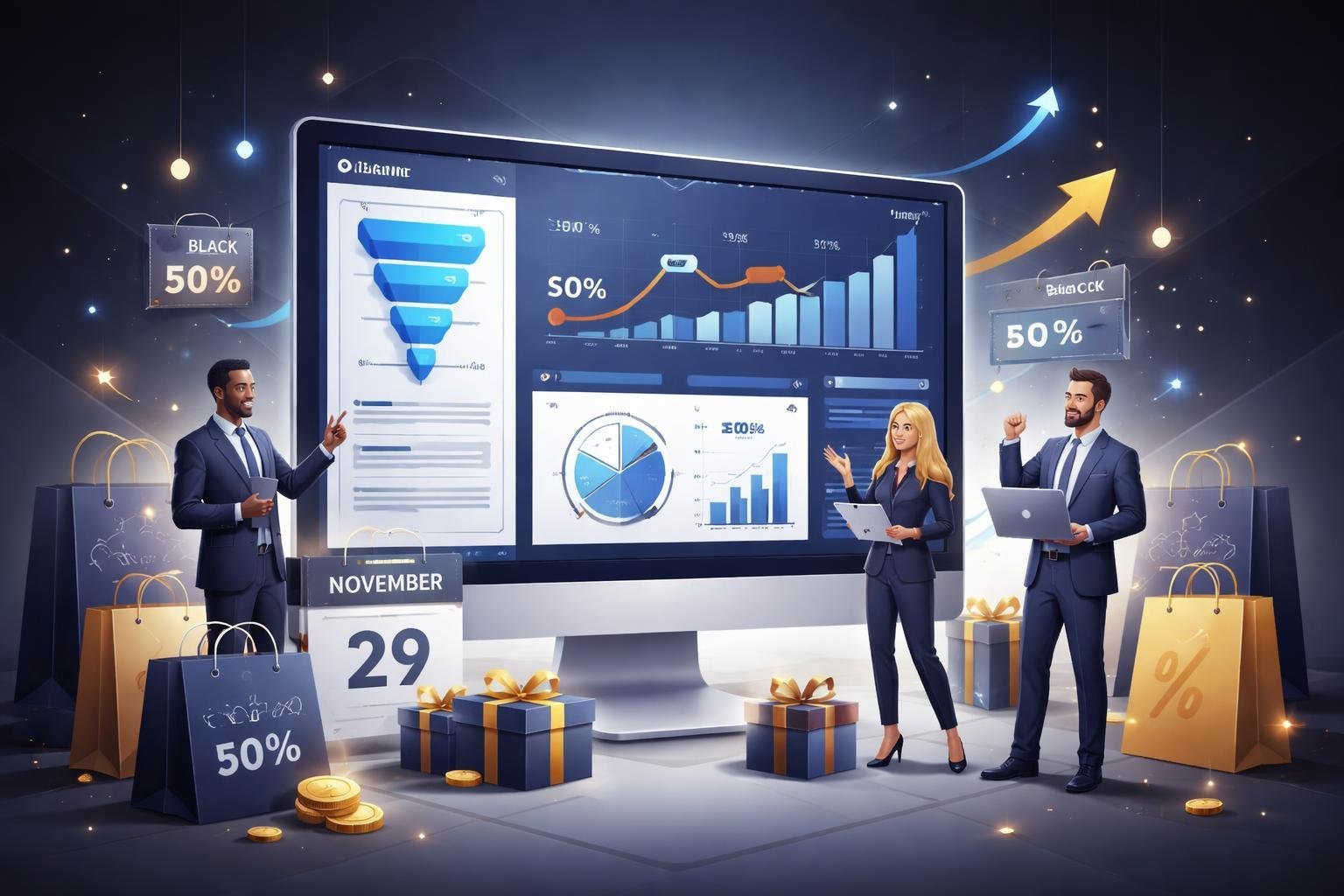 A group of business professionals analyzing sales data on a computer screen surrounded by shopping bags and discount tags representing Black Friday.