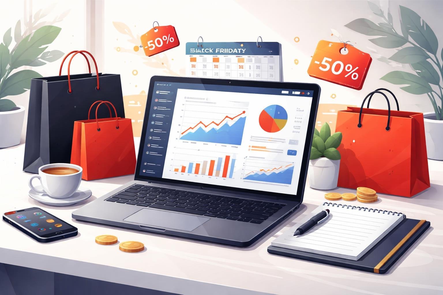 A laptop on a desk showing sales charts surrounded by shopping bags, discount tags, and a November calendar, with a smartphone, coffee cup, and notepad nearby.