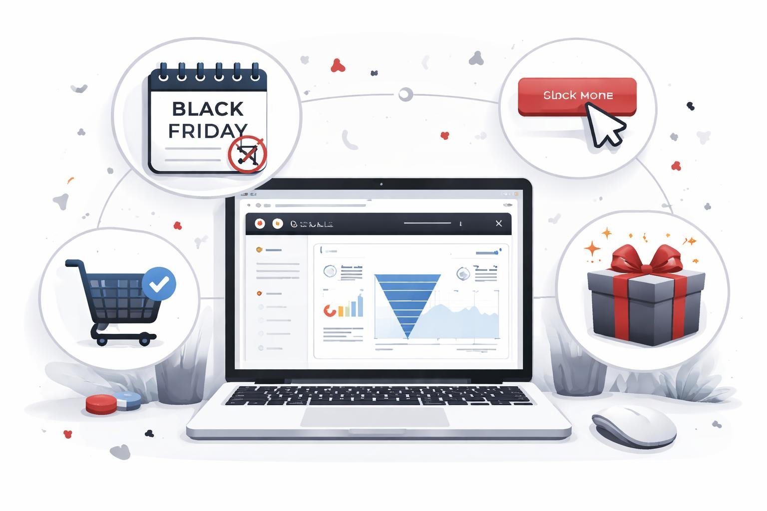A digital workspace with a laptop showing a sales funnel, surrounded by icons representing steps to claim a Black Friday offer.