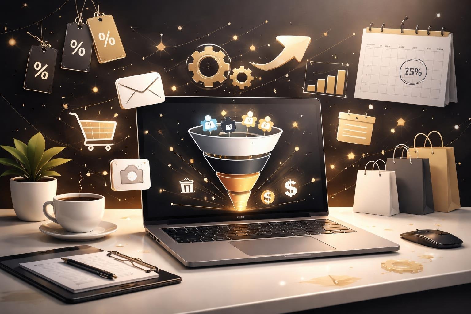 A workspace with a laptop showing a sales funnel surrounded by marketing icons and Black Friday sale elements like discount tags and shopping bags.