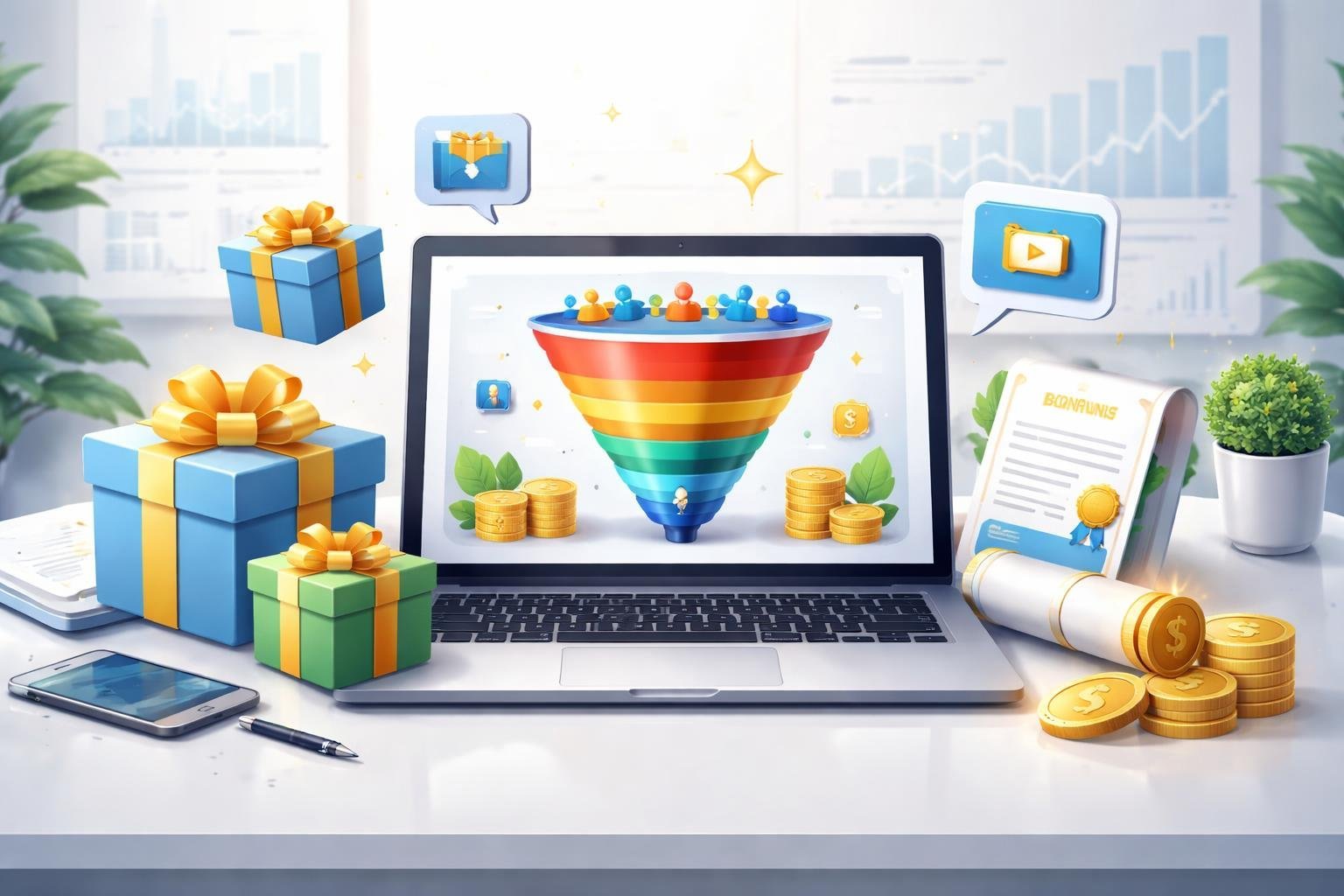 A digital workspace showing a laptop with a sales funnel diagram surrounded by icons of gift boxes, coins, and certificates representing bonuses.
