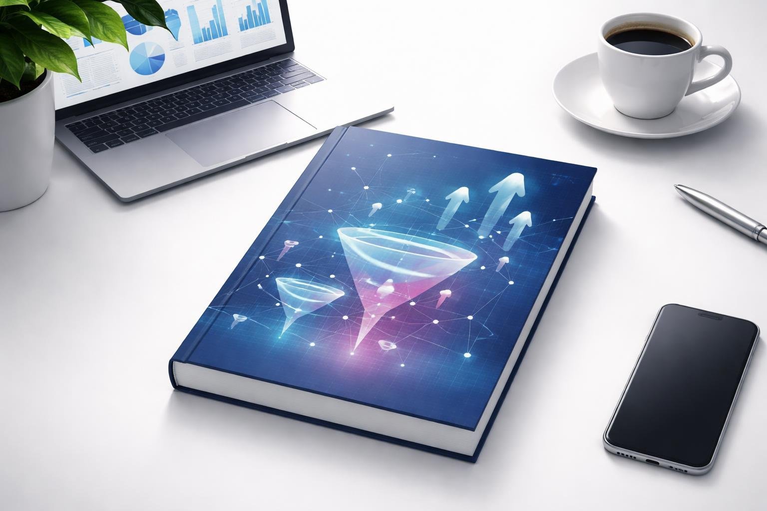 A book on a desk surrounded by a laptop, coffee cup, and smartphone in a bright, clean workspace.