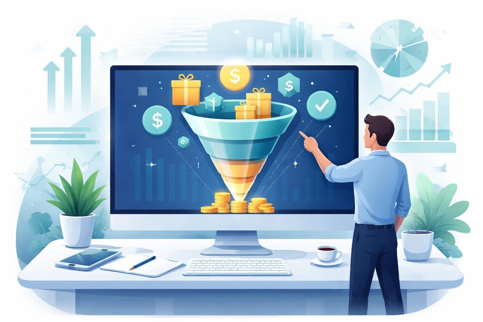 A businessperson at a desk pointing to a computer screen showing a sales funnel surrounded by icons of bonuses like gift boxes and dollar signs, with charts and arrows in the background.