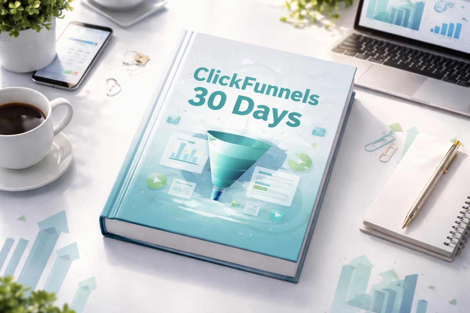 A modern book on a desk surrounded by icons representing online business growth and success.