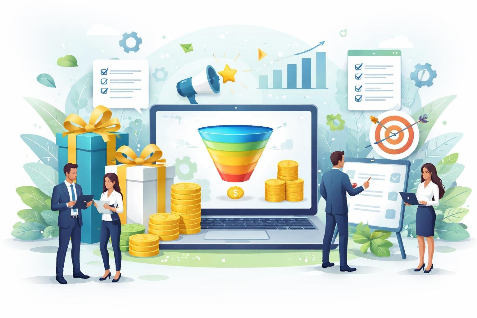 A digital marketing workspace with a laptop showing a sales funnel, surrounded by icons of gift boxes, coins, and graphs, with business professionals collaborating nearby.