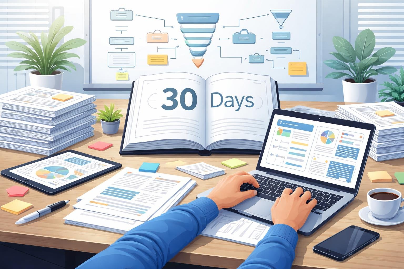 A person working at a desk with an open book, laptop, notes, and a calendar highlighting 30 days, surrounded by charts and flowcharts representing planning and marketing.
